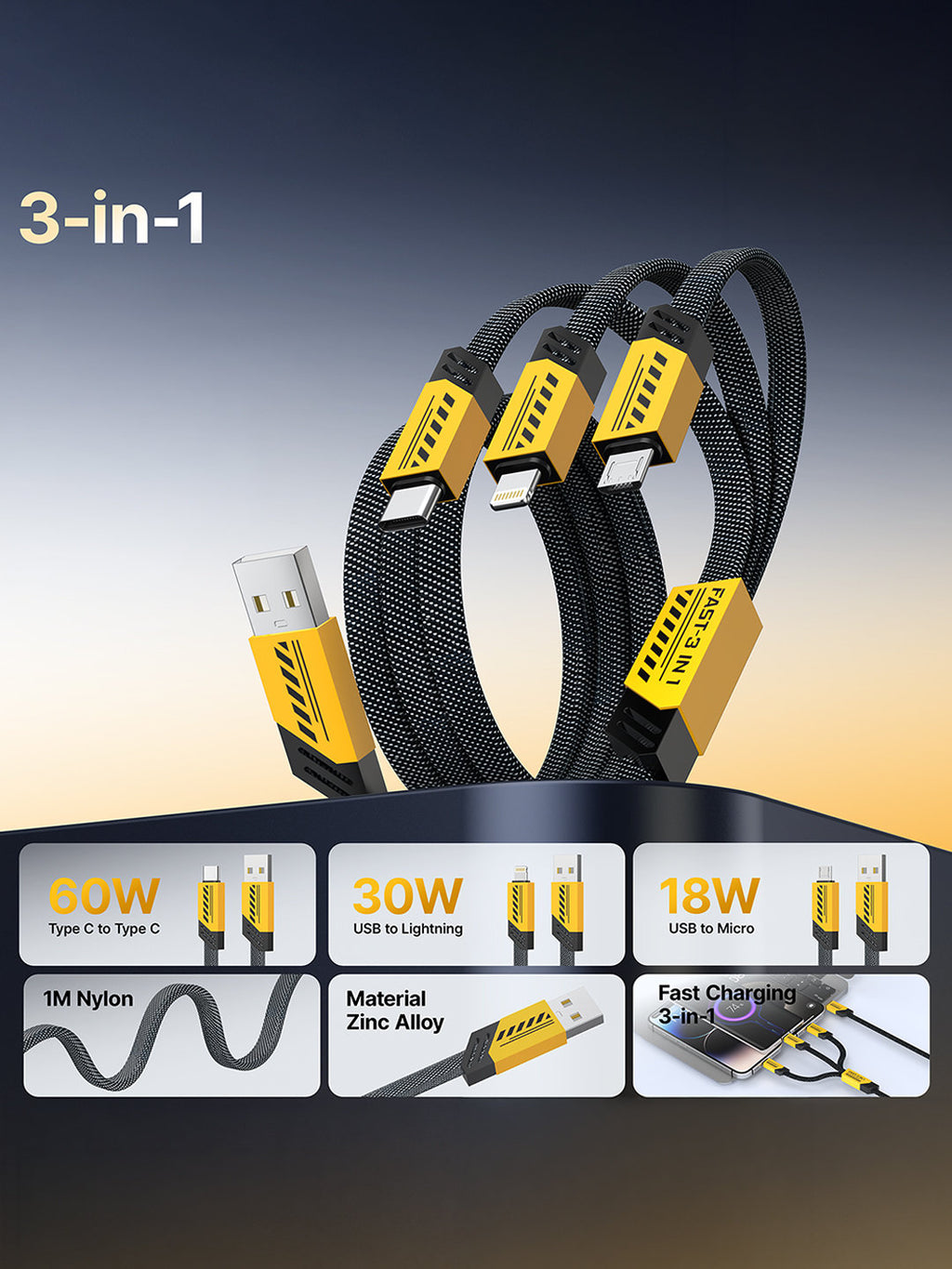 3-in-1 Fast Charging Multi Cable (USB to Type-C / Lightning / Micro USB)