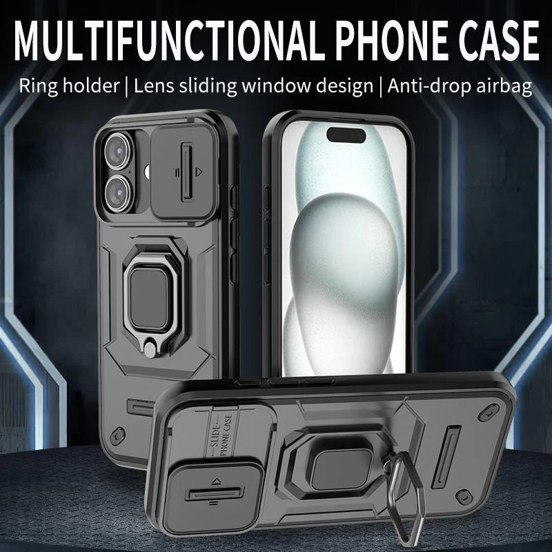 Black Armor Phone Case with Sliding Camera Cover & Ring Kickstand