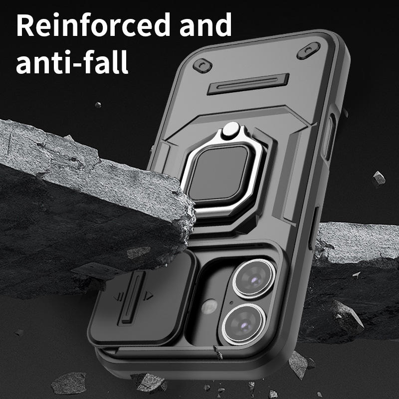 Black Armor Phone Case with Sliding Camera Cover & Ring Kickstand