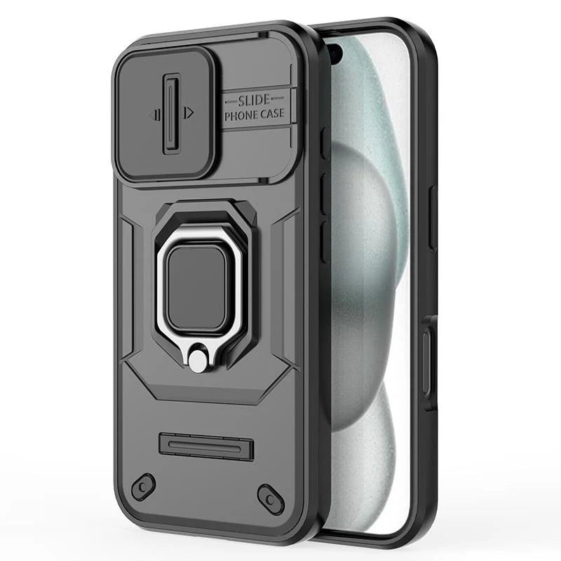 Black Armor Phone Case with Sliding Camera Cover & Ring Kickstand